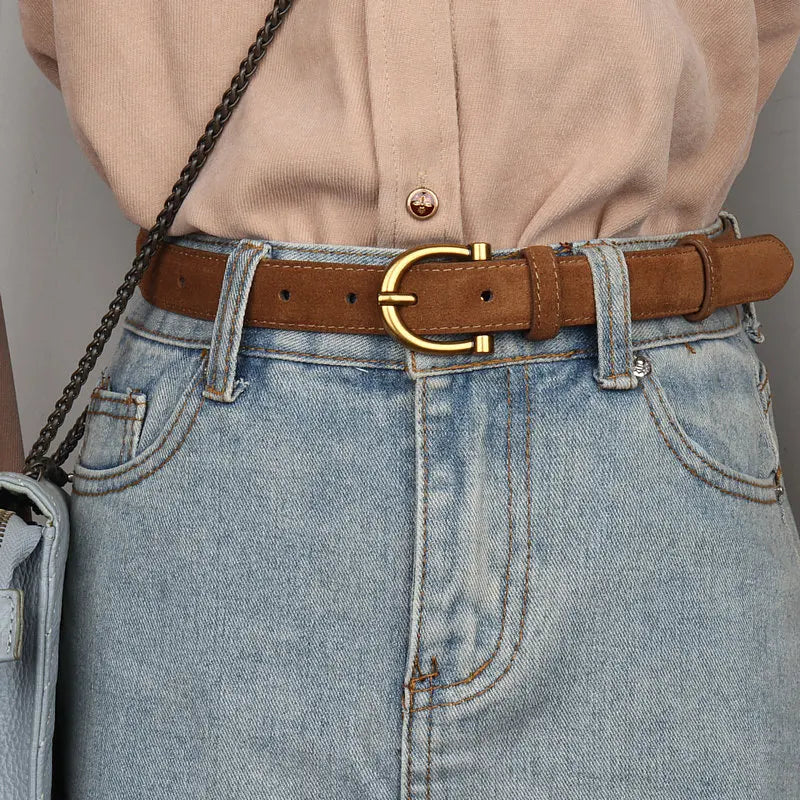 Fashion Women Belt Suede Genuine Leather Skinny Waistband Gold Buckle Wine Red Belts for Jeans Pants Casual