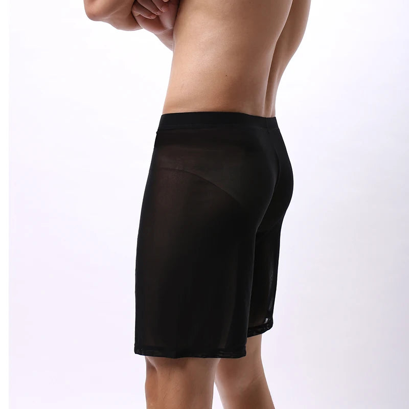 Mens Boxer Shorts Long Leg Breathable Sheer Mesh Trunks Sports Training Quick-drying Boxers SeeThrough Bottoms Sportswear