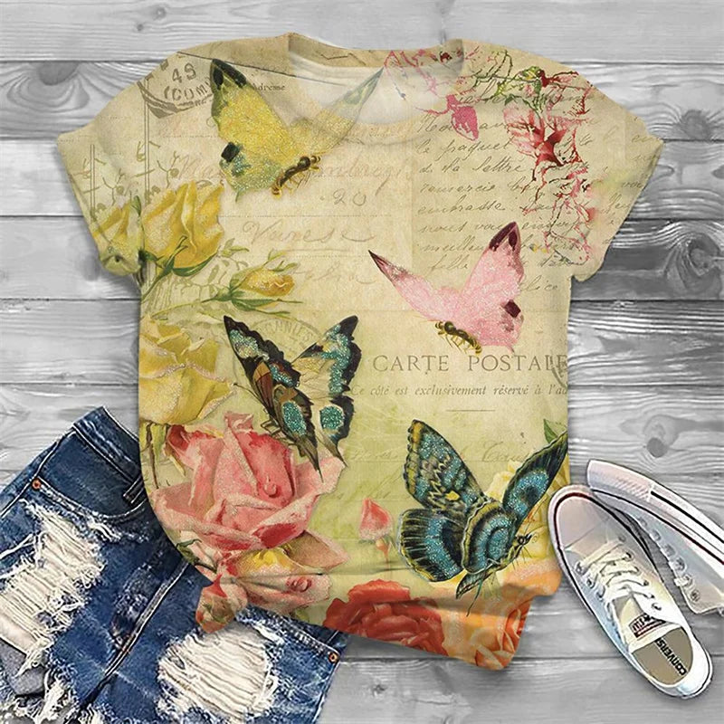 Summer Vintage Butterfly Pattern T-Shirt For Women