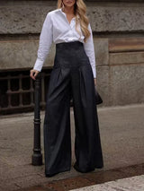 Solid Color High-Waisted Wide-Leg Jeans