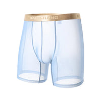 Men Ice Silk Sexy Underwear Long Leg Boxer Shorts Sports Breathable Mesh Thin Underpants Bulge Pouch Boxershorts Men See Through