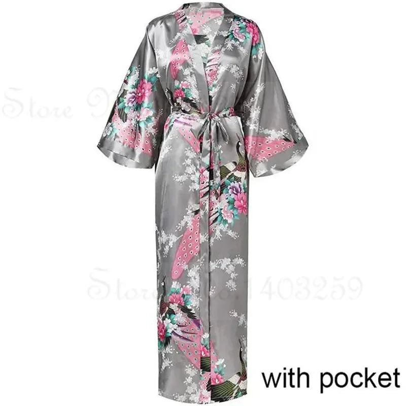 Women Long Robe Peacock Satin Print Nightgown