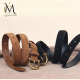 Fashion Women Belt Suede Genuine Leather Skinny Waistband Gold Buckle Wine Red Belts for Jeans Pants Casual