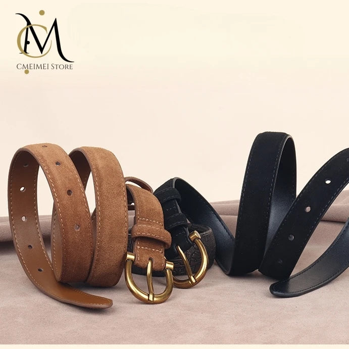 Fashion Women Belt Suede Genuine Leather Skinny Waistband Gold Buckle Wine Red Belts for Jeans Pants Casual