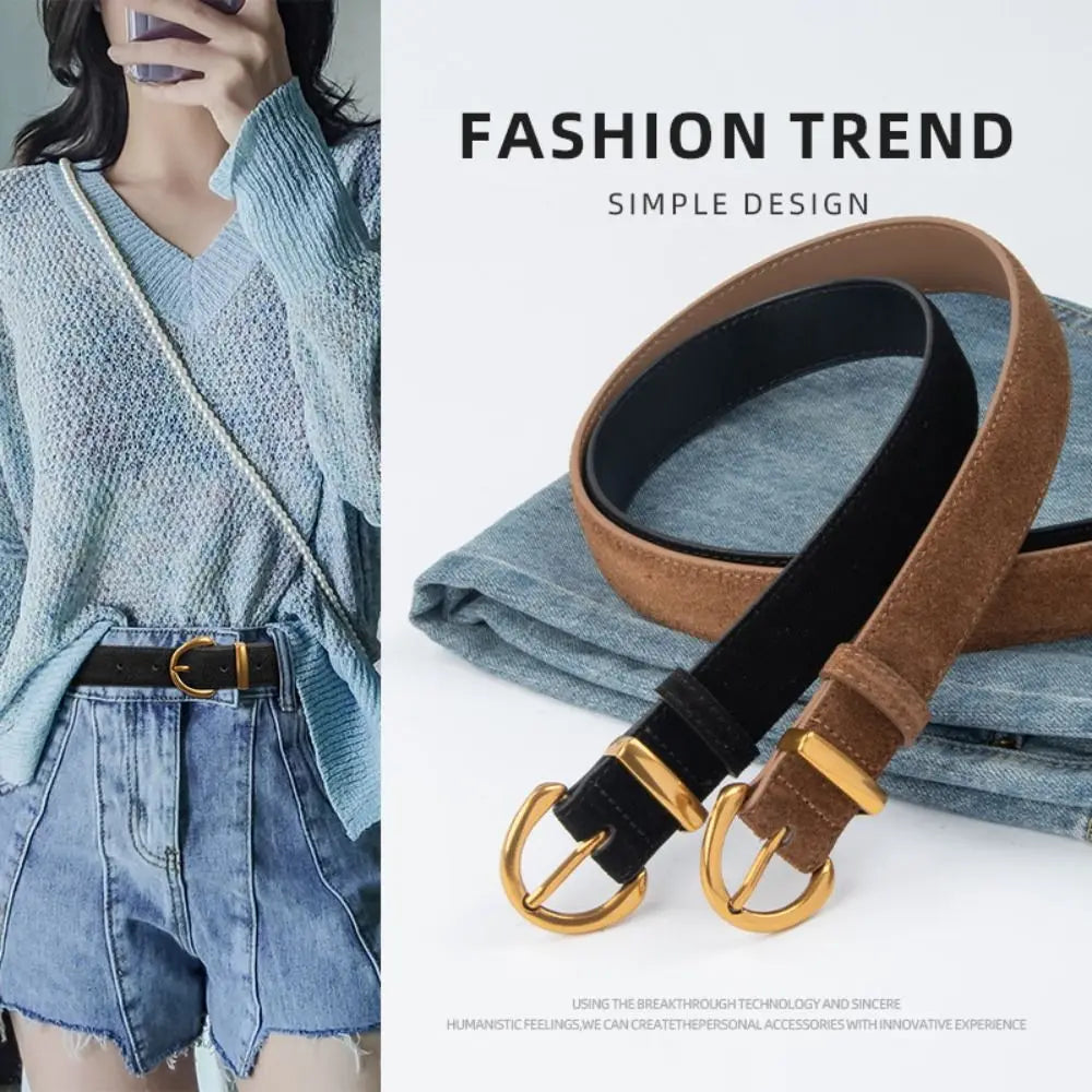 Women Luxury Design Suede Leather Belt Casual Versatile Business Waist Strap Trendy Pin Buckle Waistband