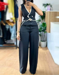 Summer Sexy Elegant V-Neck Buttoned Vest Top & Pants