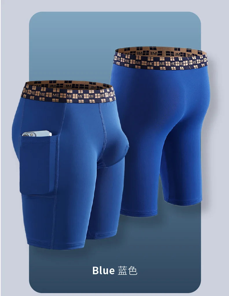 Mens Quick-drying Underpant Long Legs U Convex Pouch Boxers With Side Pockets Sports Breathable Running Wear Resistant Panties