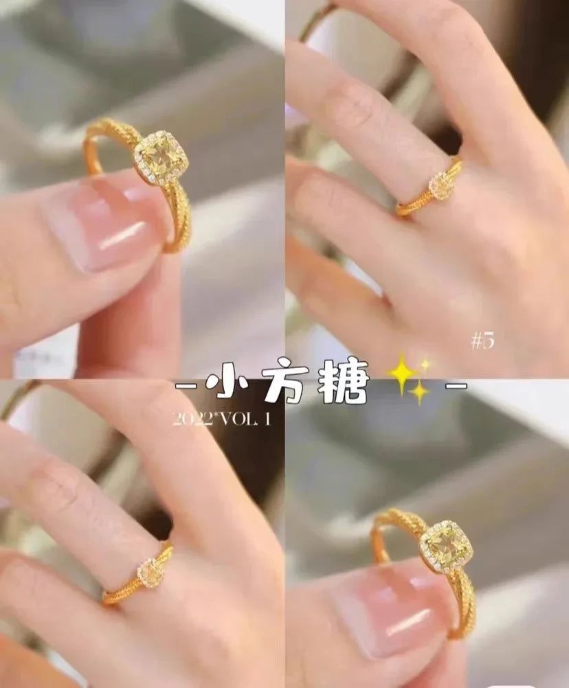 24K Real Gold Square Sugar Citrine Ring for Ladies