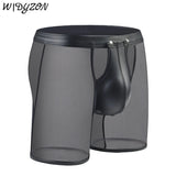 Fitness Long Men Boxer Underwear Mesh Faux Leather Men's Boxershorts Panties Long Leg Trunks Sexy Pouch Opened Button Underpants