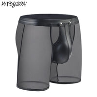 Fitness Long Men Boxer Underwear Mesh Faux Leather Men's Boxershorts Panties Long Leg Trunks Sexy Pouch Opened Button Underpants
