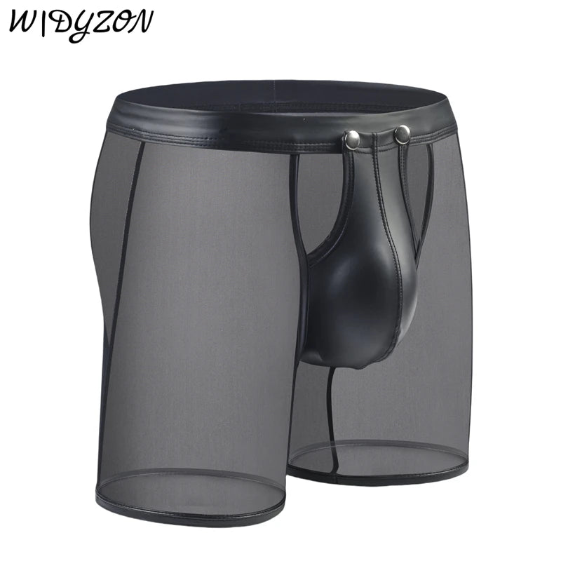 Fitness Long Men Boxer Underwear Mesh Faux Leather Men's Boxershorts Panties Long Leg Trunks Sexy Pouch Opened Button Underpants