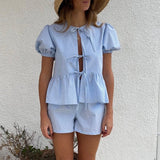 2 Pcs Women Tie Front Plaid Puff Shorts Set