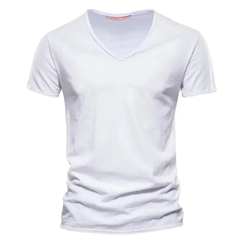 Solid Color V-Neck Pure Cotton T-Shirt