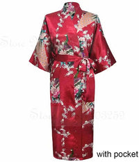 Women Long Robe Peacock Satin Print Nightgown