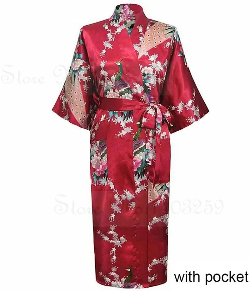 Women Long Robe Peacock Satin Print Nightgown