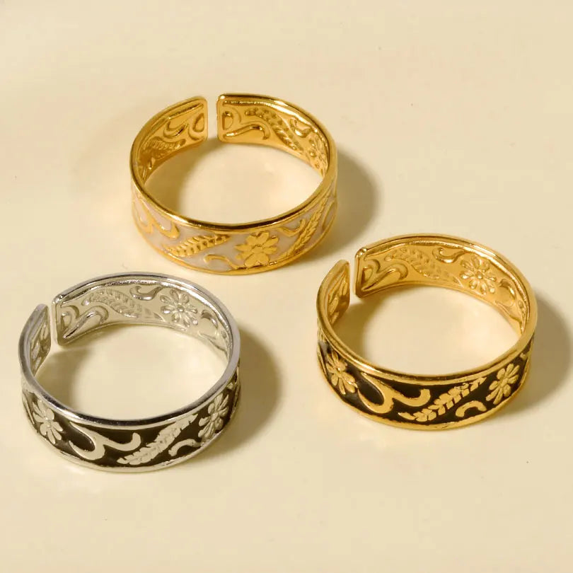 Elegant Ring Enamel Stainless Steel Rings For Women Men Accessories Flower Plant Jewelry Real Gold