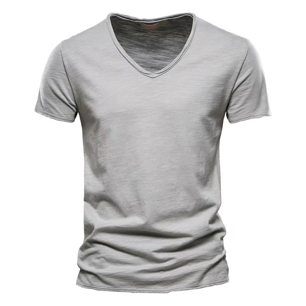 Solid Color V-Neck Pure Cotton T-Shirt
