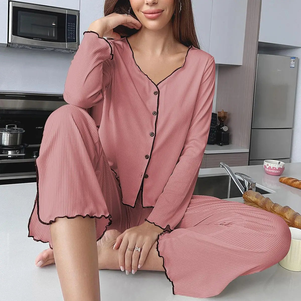 Solid Casual Loungewear Long Sleeve Pajama Set