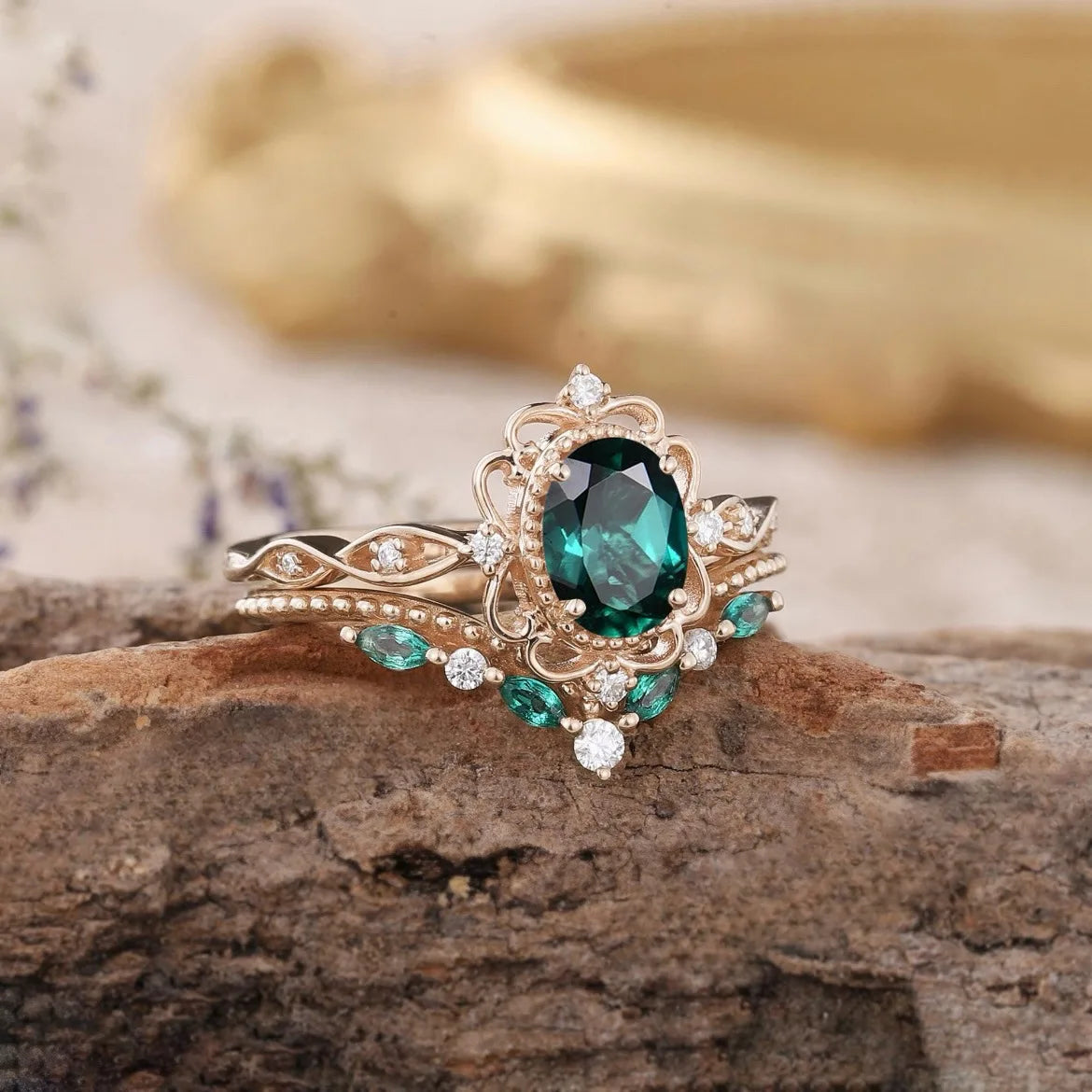 Classic Rose Gold Emerald Pair Ring for Women