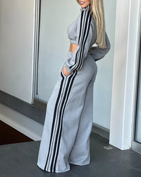 Casual Zipper Striped Long Sleeve Top & Pocket Trousers