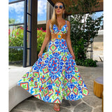 Elegant Printed Drawstring Halterneck Long Dress