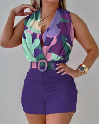 Sleeveless Halter Top Printed Shorts Set