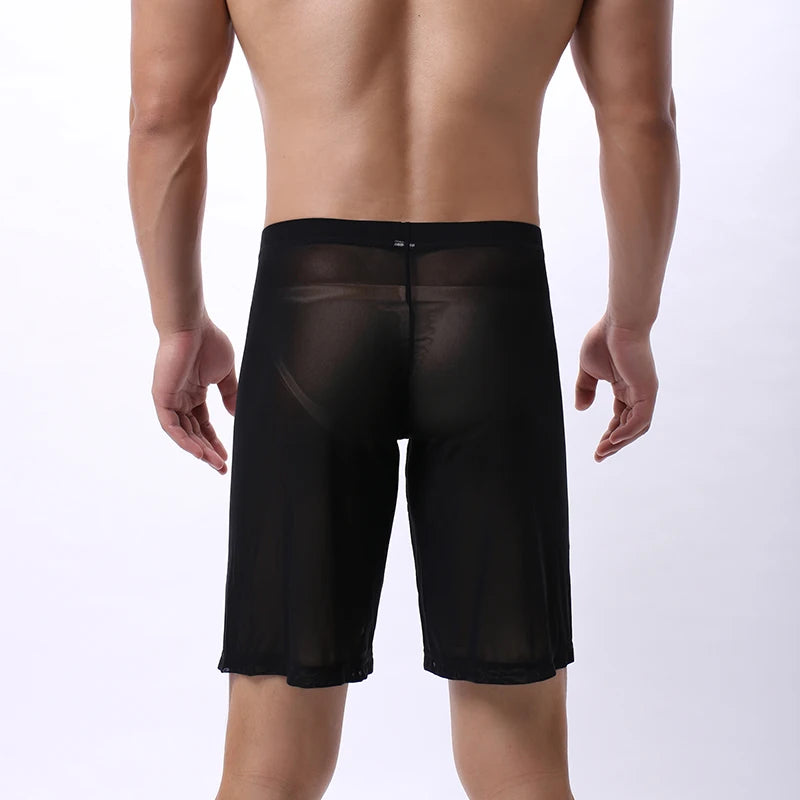Mens Boxer Shorts Long Leg Breathable Sheer Mesh Trunks Sports Training Quick-drying Boxers SeeThrough Bottoms Sportswear