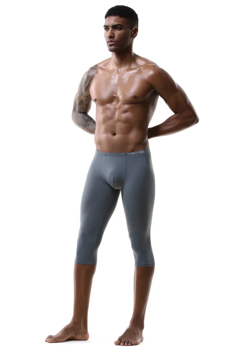 Men's Ice Silk Long Leg Trunk Sexy U Conevx Pouch Boxy Underwear Sports Fitness Running Shorts Pants Extended Knee Length Boxers