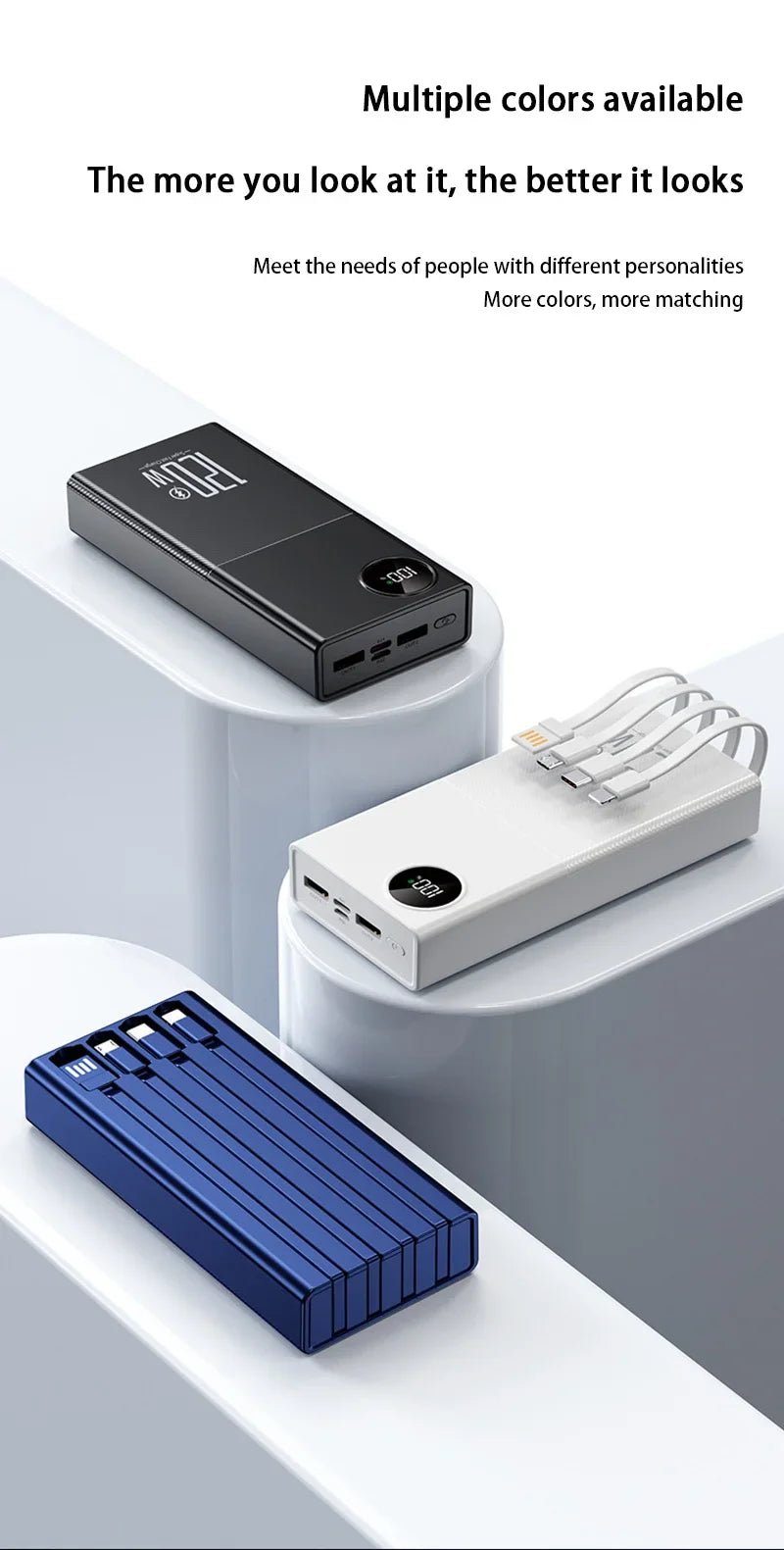 200000mAh 120W Power Bank Large Capacity Super Fast Charge Portable Power Bank With 4 Charging Cables LED Digital Display New