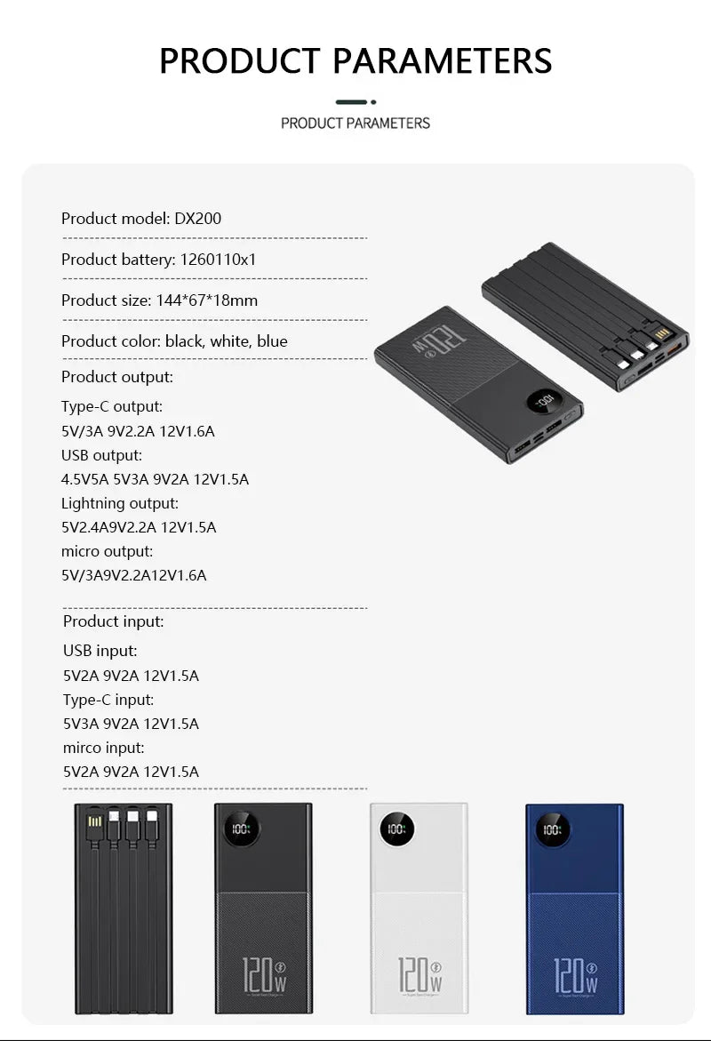 200000mAh 120W Power Bank Large Capacity Super Fast Charge Portable Power Bank With 4 Charging Cables LED Digital Display New