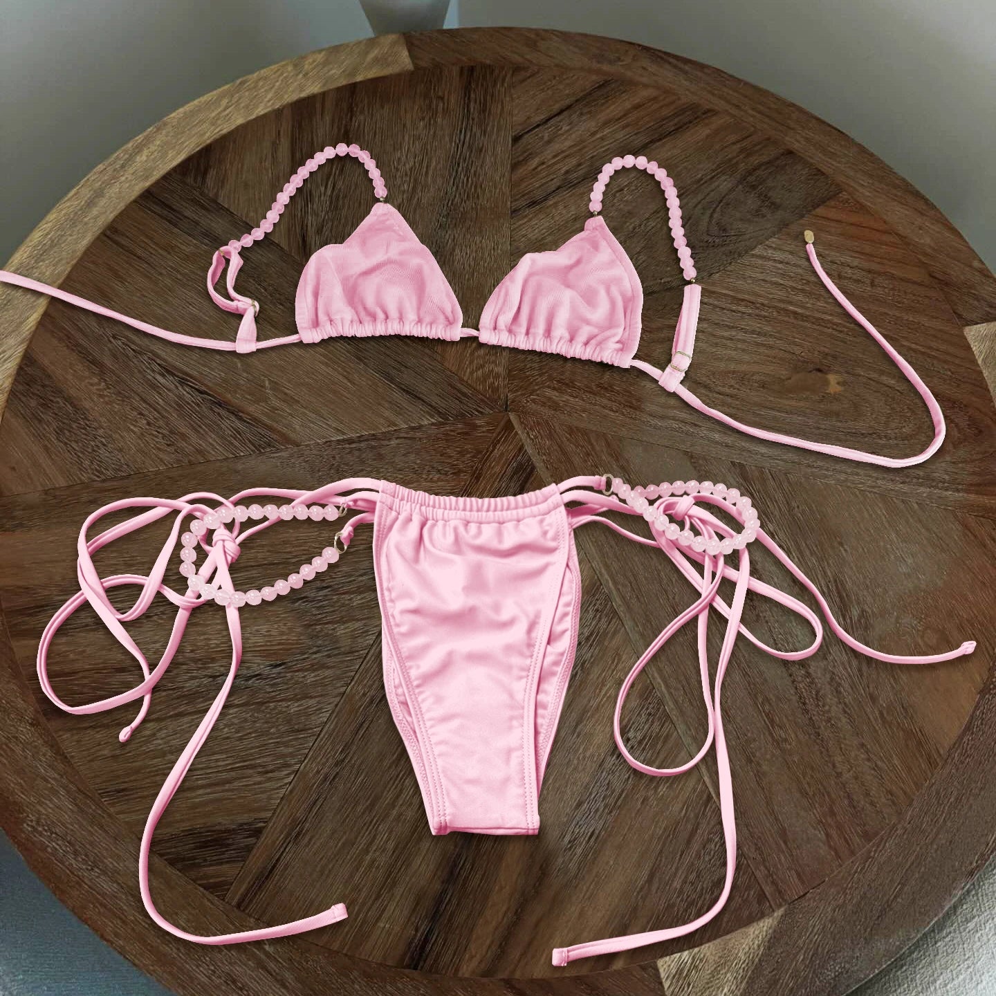 Pink Micro Beads Bandeau Bikini Set