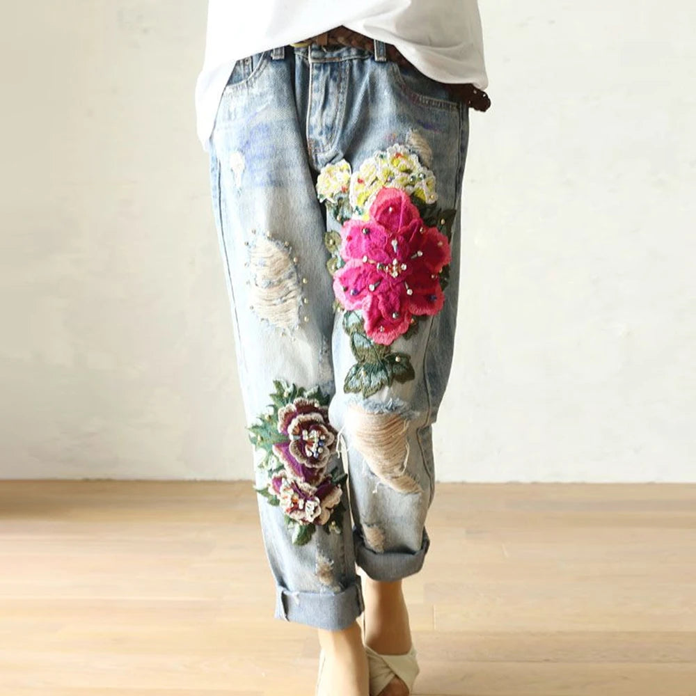 Floral Embroidery Vintage Straight High Waist  Pants