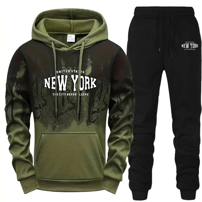 Autumn Winter Mens Tracksuit Casual Printing Splash-ink Hooded Sweatshirts Daily Sports Jogging Clothing Single Piece Tops Pants