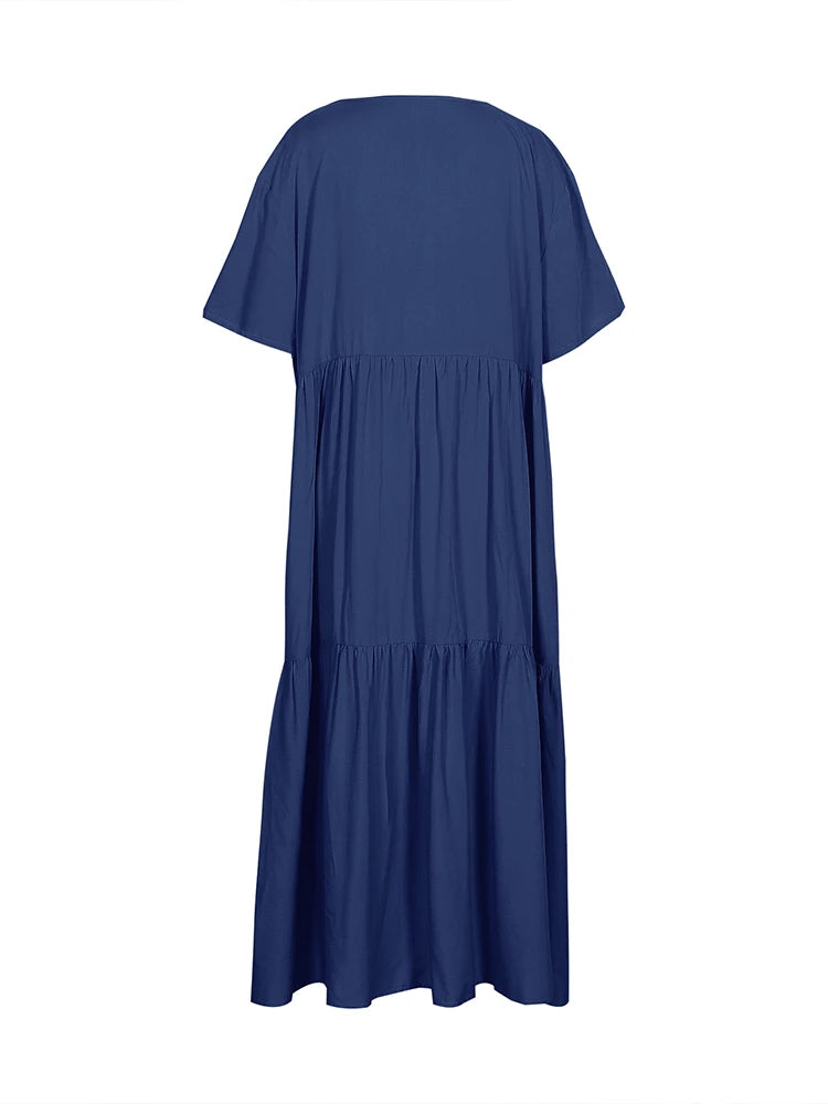 Plus Size Summer V-Neck Short Sleeve Pleated Dress