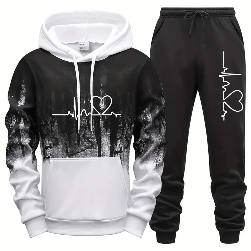 Mens Tracksuit Print Splash-ink Hooded Sweatshirts Streetwear Daily Casual Sports Jogging Mens Clothing Single Piece Tops Pants