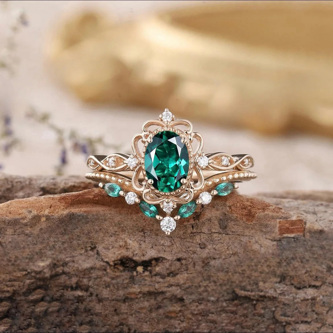 Classic Rose Gold Emerald Pair Ring for Women