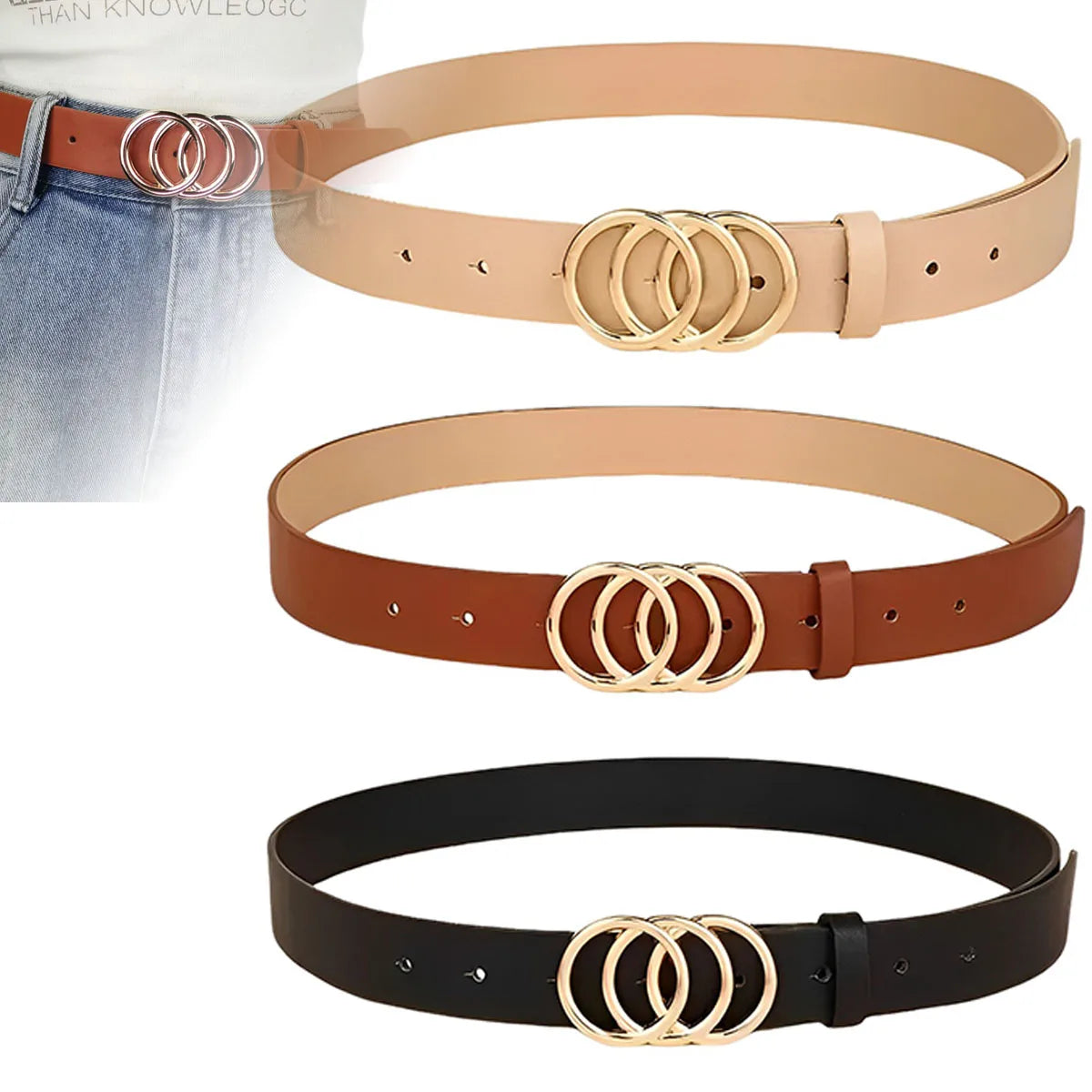 Women's Belt Trend Triple Round Buckle Belt Simple Versatile Youth Belt PU Leather Belt Paired with Jeans Dress Ladies Belts