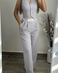 Summer Sexy Elegant V-Neck Buttoned Vest Top & Pants
