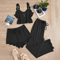 3 Pcs Solid Vest Lace Splicing Pajama Sets