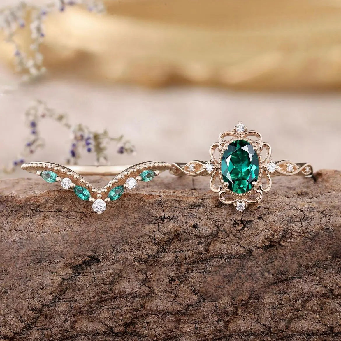 Classic Rose Gold Emerald Pair Ring for Women