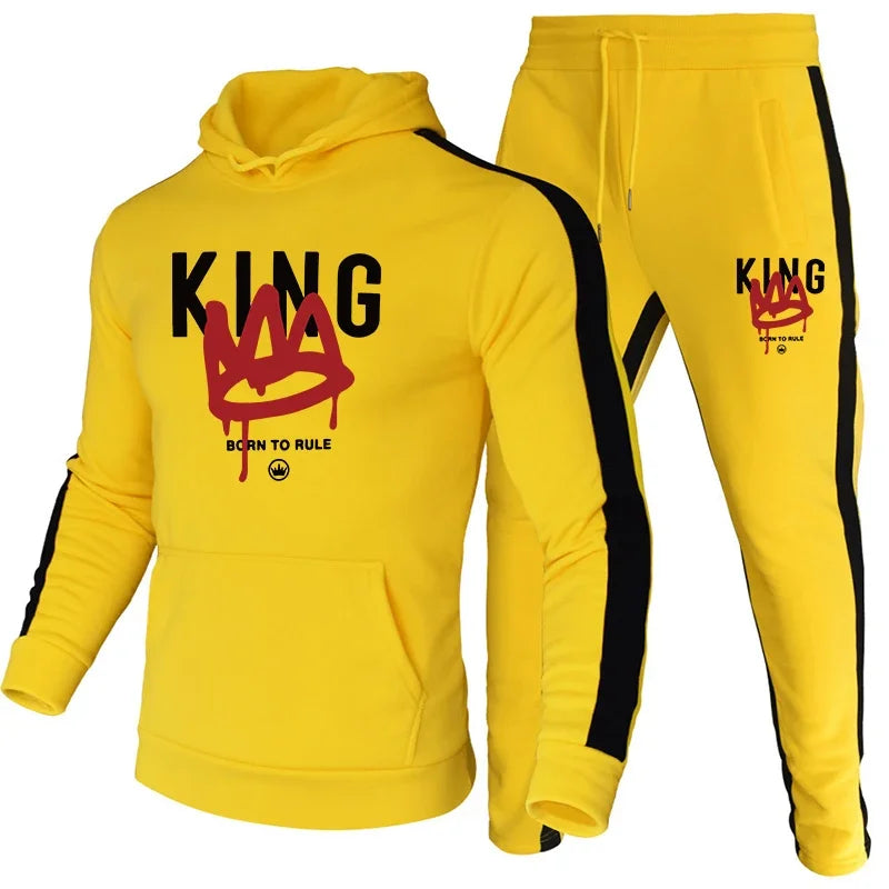 King Mens Tracksuit Print Casual Hooded Sweatshirts 2 Pcs Set Fitness Sports Jogging Mens Clothing Autumn Winter Gym Sportswear