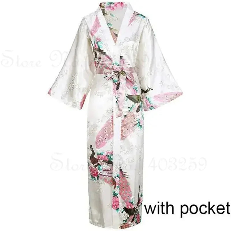 Women Long Robe Peacock Satin Print Nightgown