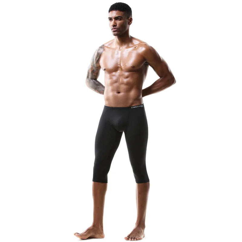 Men's Ice Silk Long Leg Trunk Sexy U Conevx Pouch Boxy Underwear Sports Fitness Running Shorts Pants Extended Knee Length Boxers