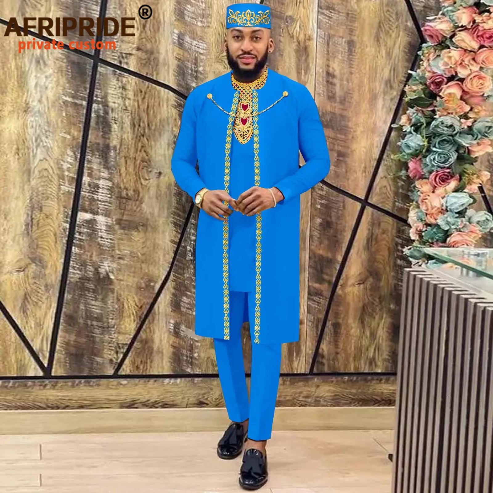 African Clothes for Men Agbada , Shirts, Pants, and  Hats 4 Piece Set - A2216013