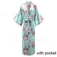 Women Long Robe Peacock Satin Print Nightgown