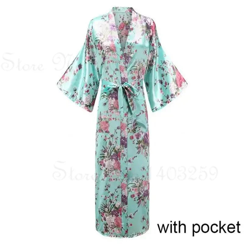 Women Long Robe Peacock Satin Print Nightgown