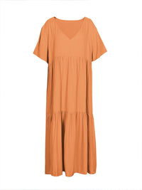 Plus Size Summer V-Neck Short Sleeve Pleated Dress