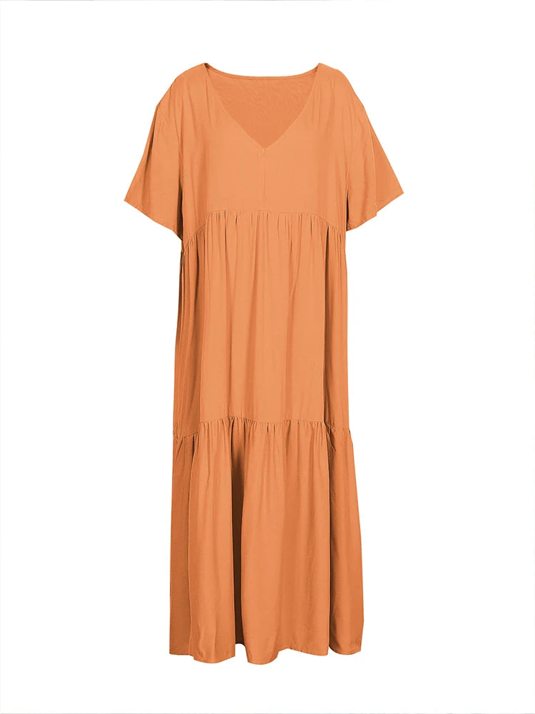 Plus Size Summer V-Neck Short Sleeve Pleated Dress