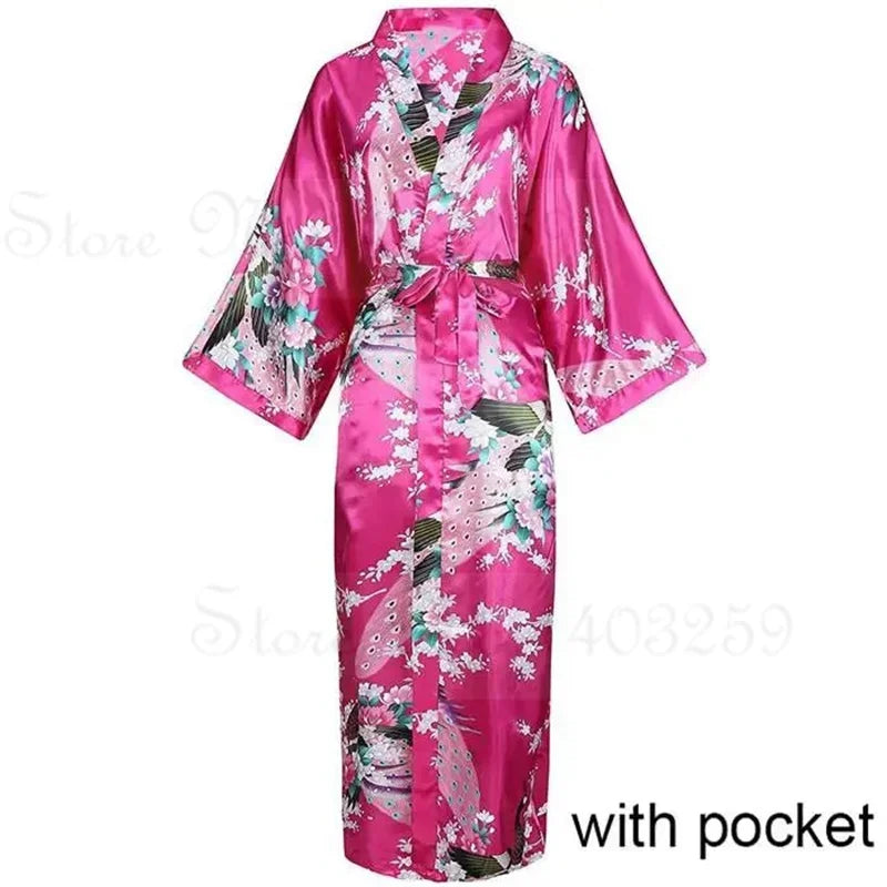 Women Long Robe Peacock Satin Print Nightgown