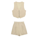 Women V Neck Button Crop Vest Top & Short Set